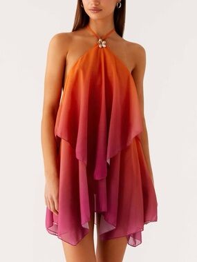 🌺PEPPERMAYO Twin Flame Orange-Pink Gradient Halter Mini Dress - Size US 4